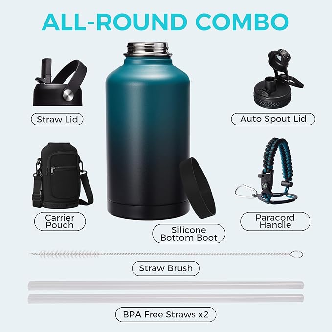 Insulated Water Bottle with Straw - 64oz Stainless Steel Water Bottles with Paracord Handle, 1/2 Gallon Big Water Jug Vacuum Insulated Waterbottle Metal Flask Reusable Double Wall Sport Bottle