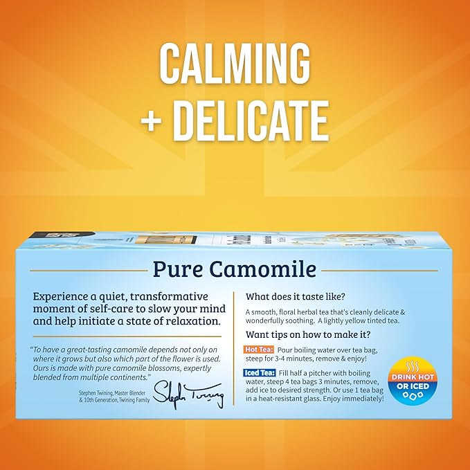 Twinings Pure Camomile Herbal Tea Individually Wrapped Bags, 100 Count (Pack of 1), Delicate for Pure Relaxation, Naturally Caffeine-Free, Enjoy Hot or Iced, 100 Teabags