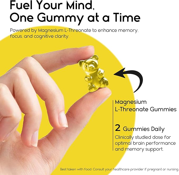 Magnesium L-Threonate Gummies for Adults & Kids 2000mg – Brain Supplements for Memory and Focus - Calm Magnesium Gummies for Improved Sleep and Healthy Mind - Pineapple Flavor 60 Count