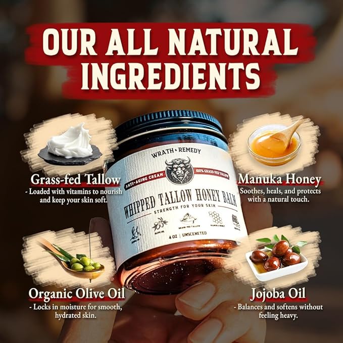 Organic Beef Tallow for Skin - 4 OZ (Pack of 3) โ Grass Fed Beef Tallow for face + Body โ US-Made Whipped Tallow and Honey Balm Moisturizer for Dry and Sensitive Skin, Eczema, Rosacea (No Additives)