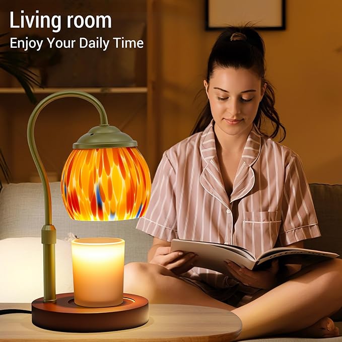 Candle Warmer Lamp with Timer, Dimmable Wax Warmer Lamp with 2 Light Bulbs, Height Adjustable Stained Glass Lamp Candle Warmer for Jar Candles, Home Room Decor, Gifts for Women Mom