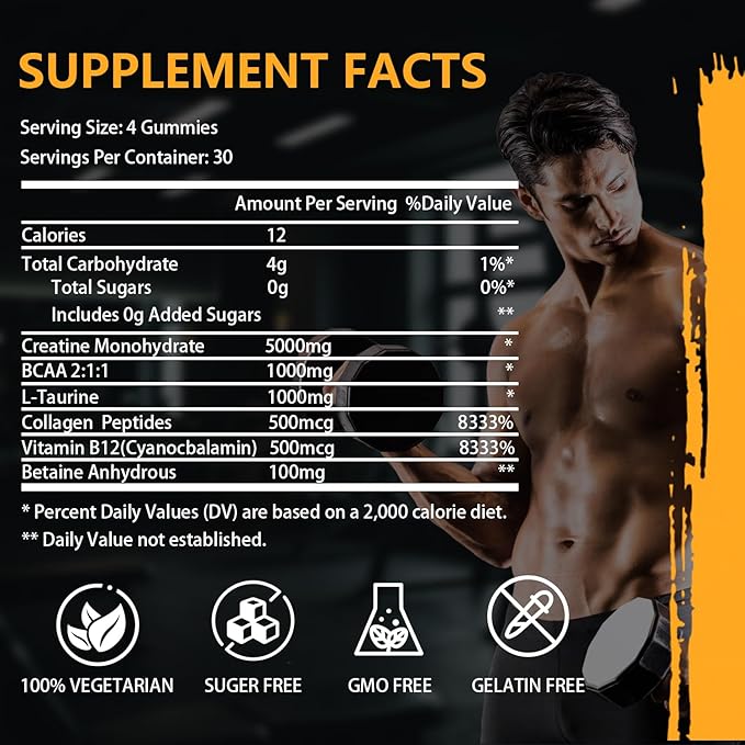 Creatine Monohydrate Gummies for Men & Women - Complex 8000 MG PreWorkout Supplement Creatine Gummy with BCAA, L-Taurine & Vitamin B12 for Muscle Builder, Strength & Energy Boost, 120 Count 1Pack