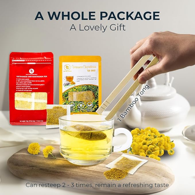 Vietnamese Chrysanthemum Tea Samplers - 10 Count + Bamboo Tong, No Sugar Added, No Caffeine, Re-Steep Chrysanthemum Floral Scent Herbal Tea for Detox, Refreshing, Relax