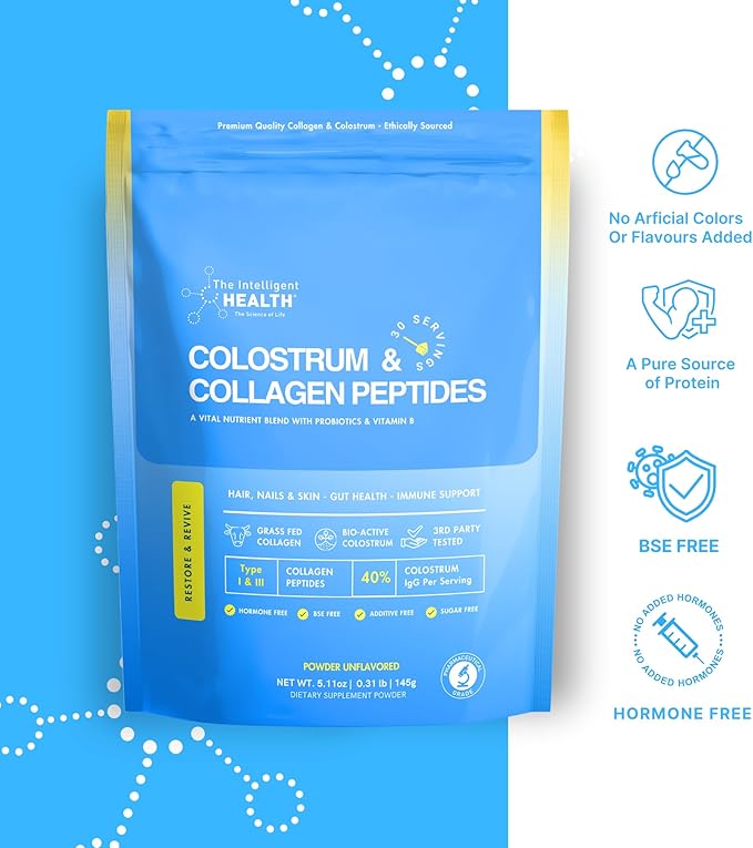 Grass-Fed Colostrum & Collagen Peptides with Probiotics + Vitamin B12 – 800mg IgG for Immune, Gut & Beauty Support – Ethically Sourced, Non-GMO, Hormone-Free, Filler-Free, 30 Servings, 5.11 oz