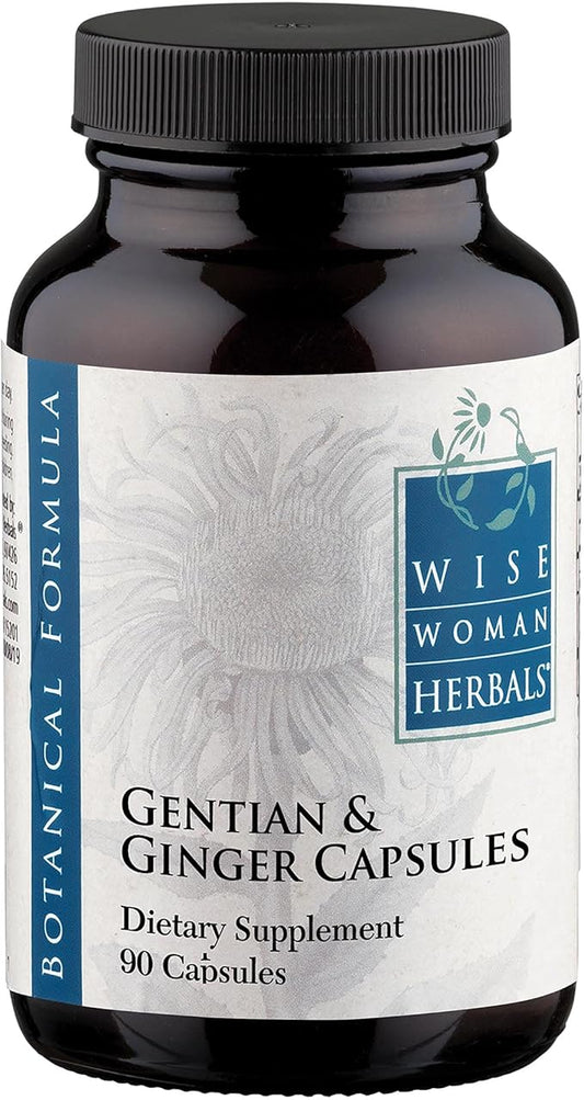 Wise Woman Herbals Gentian & Ginger Capsules, Pure Non-GMO, Herbal Digestive Bitters, Relieves Indigestion, Bloating, Gas & Upset Stomach, Supports Appetite, Gut & Liver Health, 90 Veg Caps