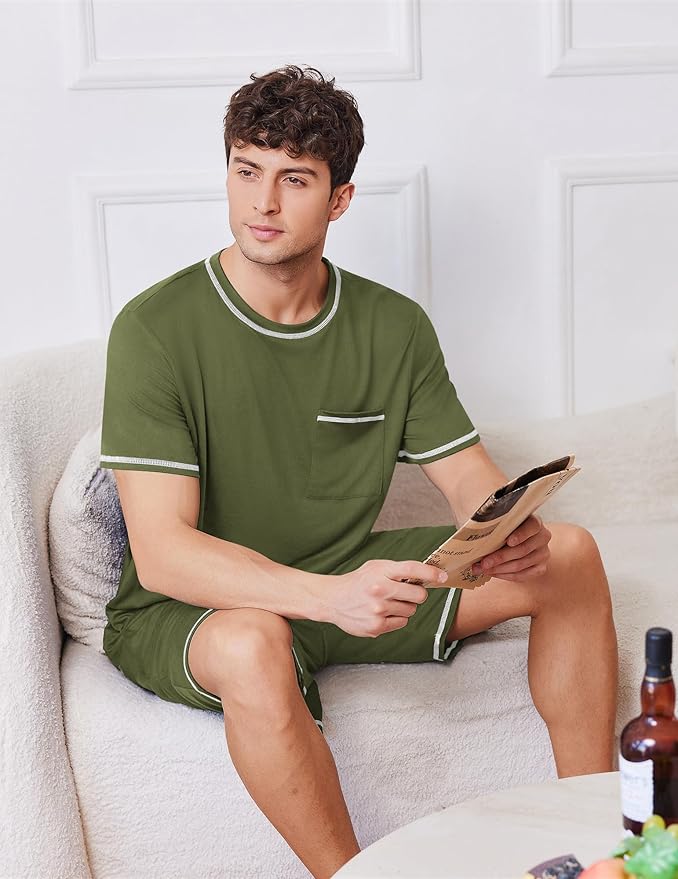 Ekouaer Men's Pajamas Set Casual Short Sleeve Shirts and Shorts Soft 2 Piece Loungewear With Pockets
