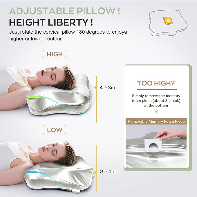 Pain Relief Cooling Pillow for Neck Support Adjustable Cervical Pillow Side Sleeping Memory Foam with Super Soft and Cooling Satin Pillowcase White