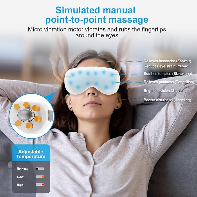Eye Massager with Heat and Cooling Therapy, Vibration & Bluetooth Music – 4 Adjustable Modes for Eye Fatigue Relief and Relaxation – Rechargeable, Portable, 2400mAh Battery