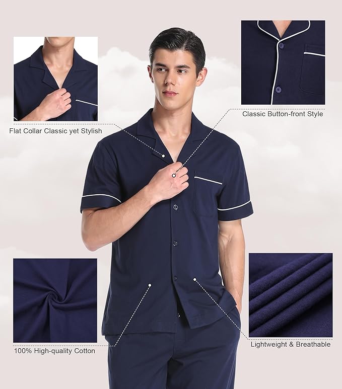 COLORFULLEAF Men's 100% Cotton Pajamas Set Button Down Sleepwear Short Sleeve and Long Pants Pjs