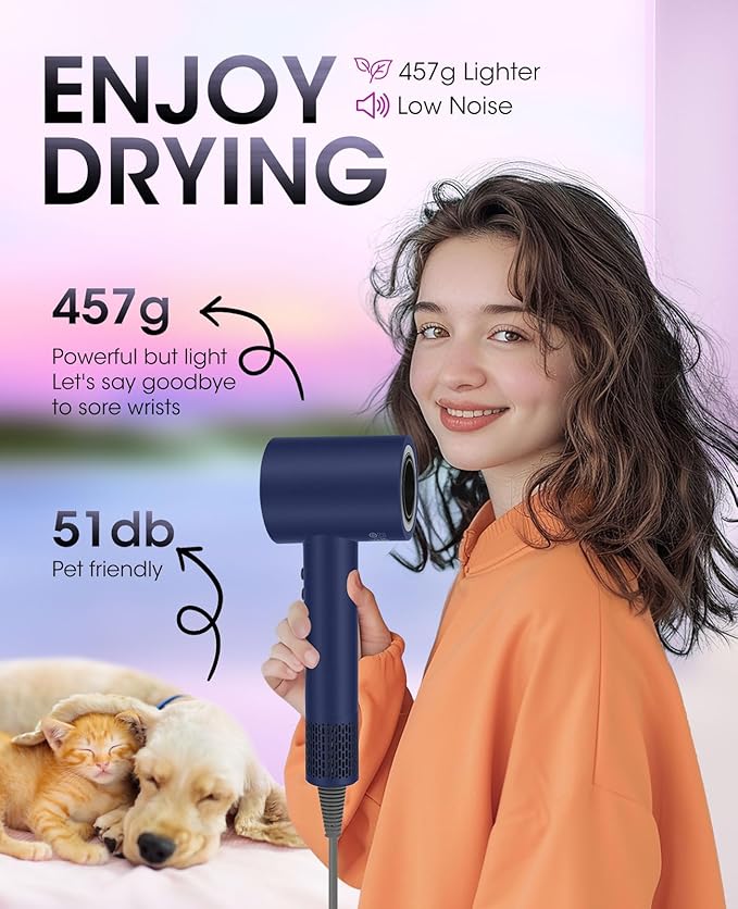Hair Dryer,110000 RPM High-Speed Brushless Motor for Fast Drying with HD Digital Display Low Noise Compact Hair Blow Dryer for Curly Hair for Home Travel Salon #201Purple Blue