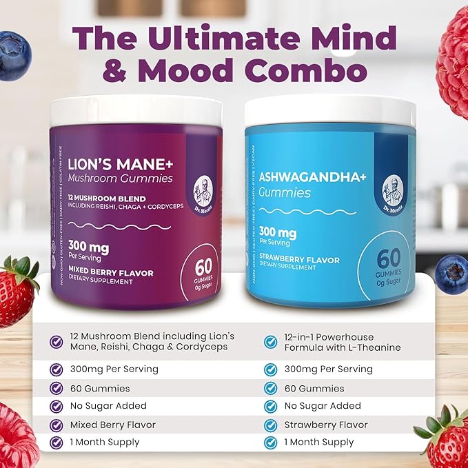 DR. MORITZ Ashwagandha Gummies + Lions Mane Mushroom Gummies Bundle – 60 Count Each – Sugar-Free, Non-GMO – with L-Theanine – Ashwagandha for Women & Men – Calm, Focus, Relaxation & Immune Support