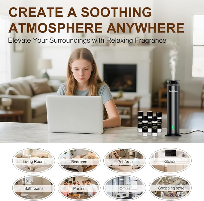 Waterless Scent Diffuser Starter Kit - 1000 Sq Ft Coverage, Essential Oil Diffuser for Home, Hotel & Office, Included 5 Scent Oils, Remote Control, Aromatherapy Diffuser, Ultra Black