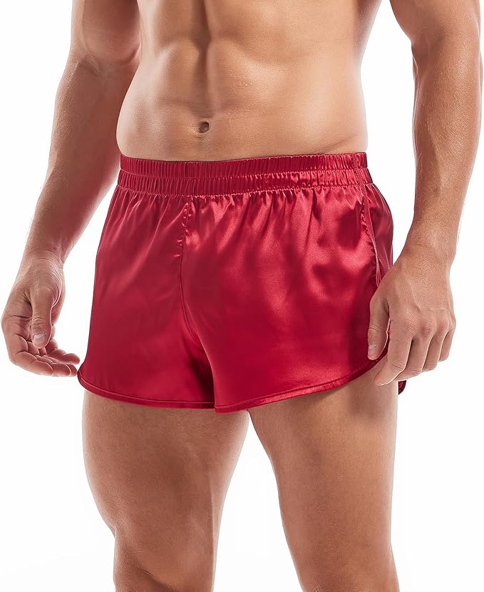 AMY COULEE Mens Satin Shorts Silk Boxers Sexy Split Side Lounge Shorts 3 Inch Pajama bottoms