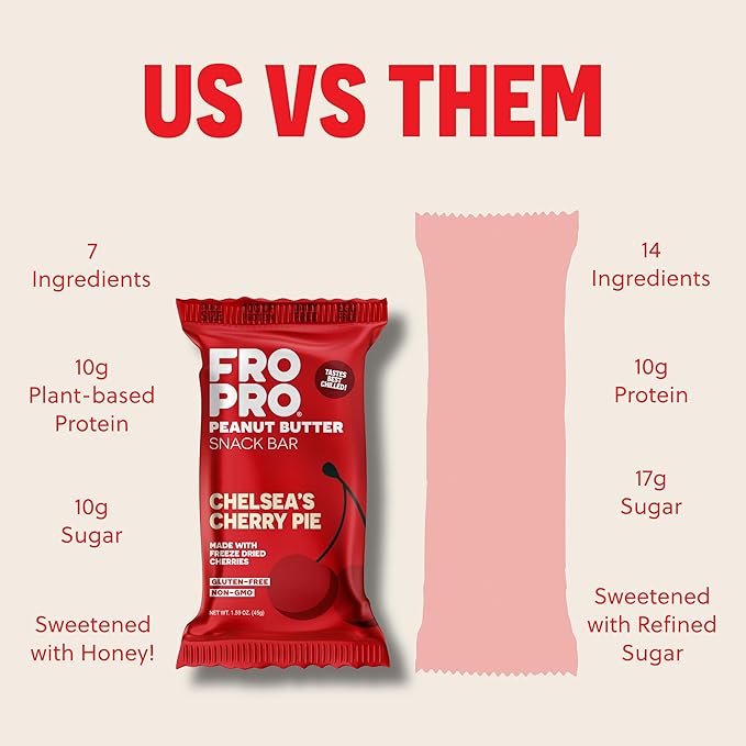 FROPRO Snack Bar - Peanut Butter Snack Bars - Gluten Free, Dairy Free, Soy Free, Non GMO, Plant Based Protein Snacks Bar - Crave-worthy | Chelsea's Cherry Pie, 12 Pack