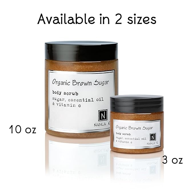 Organic Brown Sugar Body Scrub Made in USA with Essential Oil and Vitamin C by Nabila K - Exfoliate and Moisturize for Smooth Skin - Luxury for Women & Men, 3 oz