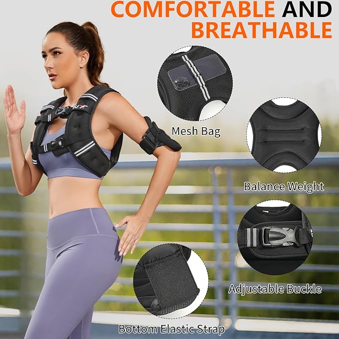 FUFF Weighted Vest Woman, 5/10/12/15/20/25/30 LB Womens Weight Vest for Walking, Strength Training Weight Vests for Female Men, Reflective Stripe Fitness Body Vest for Workout Running Jogging