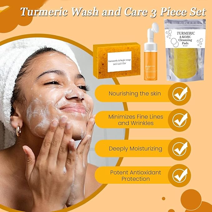 Turmeric Wash And Care 3 Piece Set, Turmeric Trio Facial Wash, Cleansing Mousse, & Soap, Jabon de Curcuma, Deep Cleansing Exfoliating Moisturizing Skin Care Set for Face & Body (3Sets, 3)
