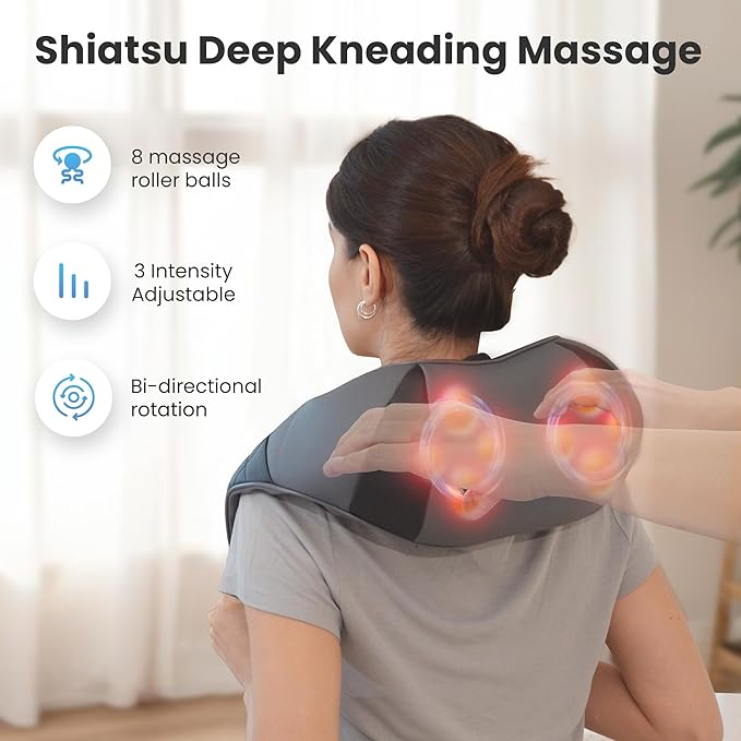 COMFIER Cordless Neck Massager with Heat, Back Massager for Pain Relief deep Tissue, 3D Shiatsu Neck Shoulder Massage with Carry Bag, Rechargeable Portable Ideal Gifts for Mom, Dad