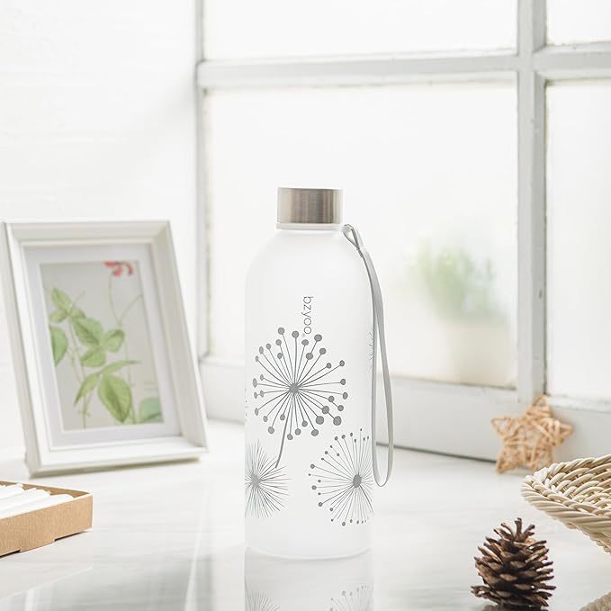 bzyoo 32oz 1 Liter Clear Water Bottle with Time Marker, Dandelion Design, Durable Plastic, BPA-Free, Reusable with Measurement Markings for Fitness and Outdoor Activities (Color: Silver)