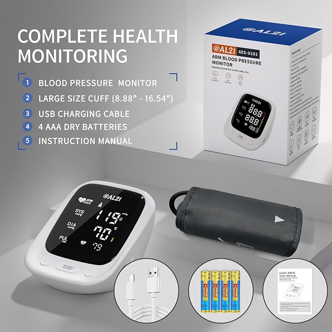 Blood Pressure Monitor for Home Use, Upper Arm Digital Accurate and Portable Blood Pressure Monitor with Large Cuff, Heart Rate Monitor, Clear LED Display, Memory Function for 2 Users