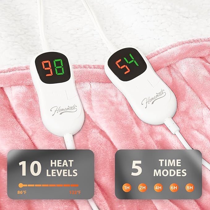 Homemate Electric Heated Blanket King - 100"x90" Heating Bed Blankets Throw with 10 Heating Levels 8 Hours Auto Off Fast Heating Over-Heated Protection Ultra Soft Warm Flannel ETL Certified Pink