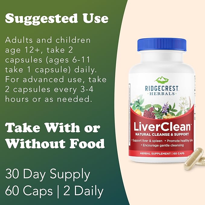 Ridgecrest Herbals LiverClean, Herbal Liver Support Supplement, Blessed Thistle, Dandelion, Detox, Cleanse Support, Healthy Bile (60 Caps, 30 Serv)