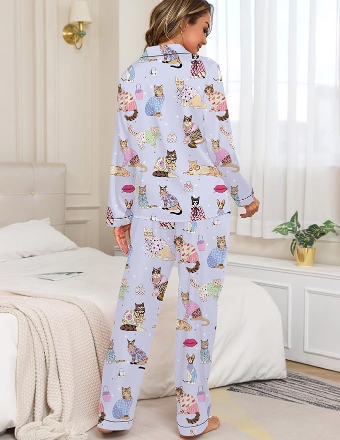 Veseacky Womens Satin Pajama Set Silk Pjs Button Down Long Sleeve Sleepwear Loungewear Sleepwear 2 Piece Pjs Set S-XXL