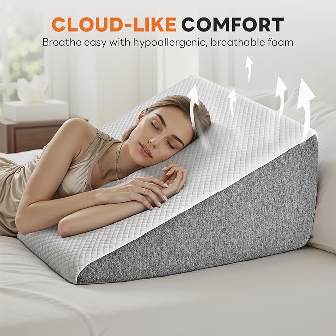 Sweetcrispy Wedge Pillow, Body Pillow for Sleep Apnea, Neck Pain Relief, Post Surgery, Sleeping Comfort, Acid Reflux, Heartburn, Back Pain Relief and Snoring, 12Inch, White& Grey