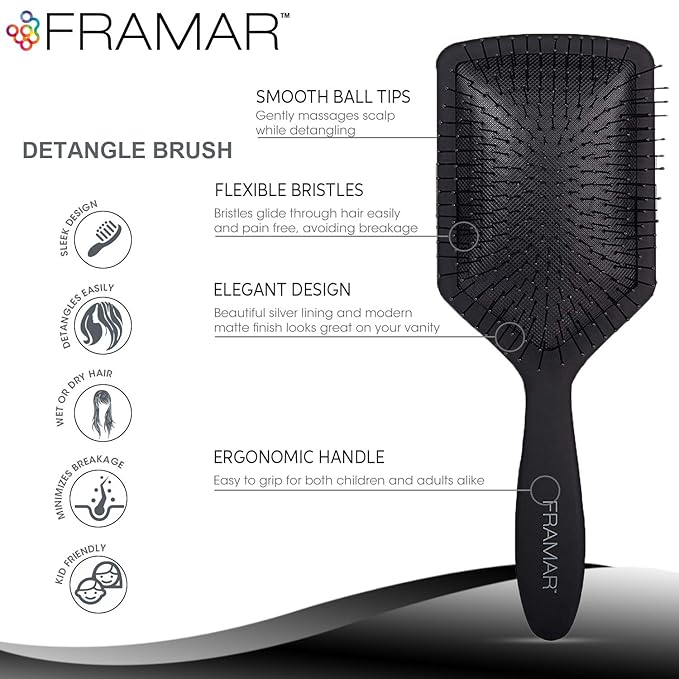 FRAMAR Black Paddle Hair Brush For Women – Wet Paddle Brush Detangler For Thick Hair Brushes For Women, Hairbrush – Reduces Breakage