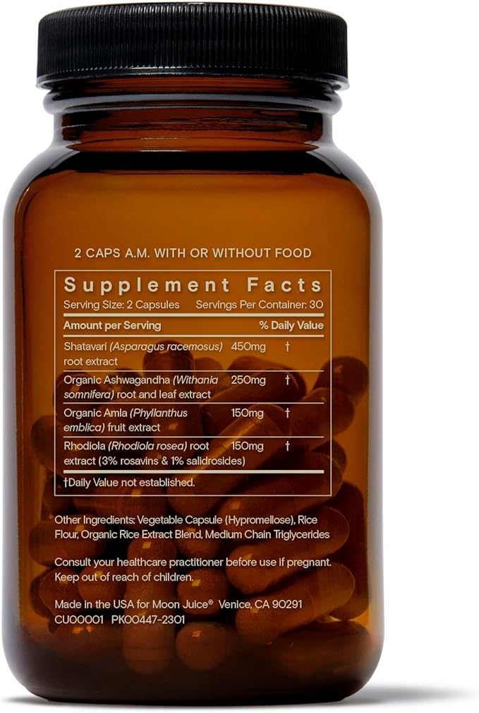 Moon Juice - SuperYou - Bottle (60 Capsules) - Energy, Mood & Focus - Organic Ashwagandha Supplements - Cortisol Reducer - Reusable Glass Bottle - 3rd Party Tested - 100% Traceable - Vegan & Non GMO