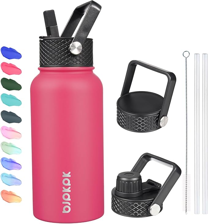 BJPKPK Insulated Water Bottles with Straw Lid, 27oz Stainless Steel Water Bottle with 3 Lids, Leak Proof BPA Free Metal Thermo, Mugs, Tumblers, Keep Cold Hot - Rose Pink