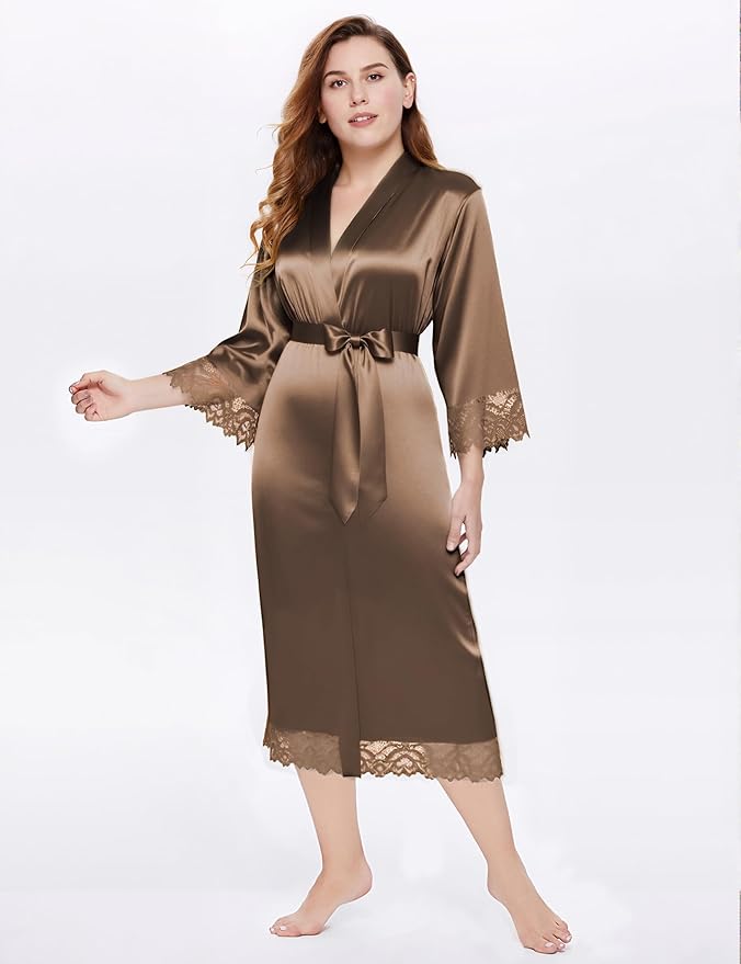 BABEYOND Satin Kimono Robe Silky Long Bridesmaid Wedding Lightweight Bath Robe with Lace Trim