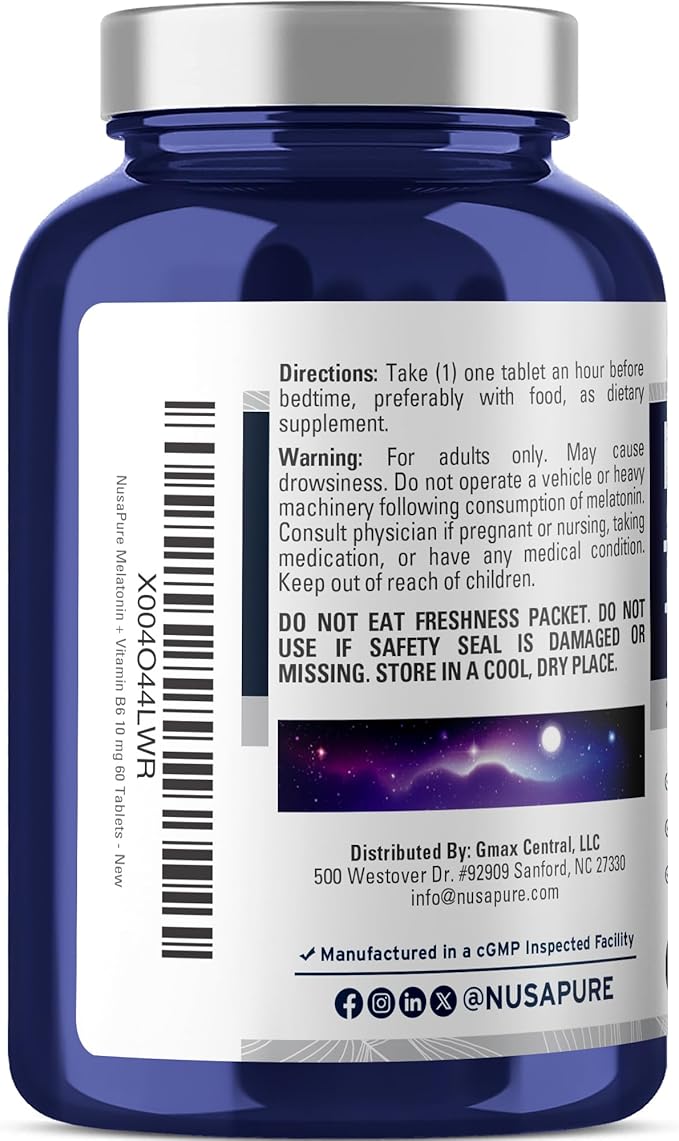 NusaPure Melatonin + Vitamin B6 10 mg Per 60 Tablets Vegetarians Vegans Non-GMO Dietary Supplement
