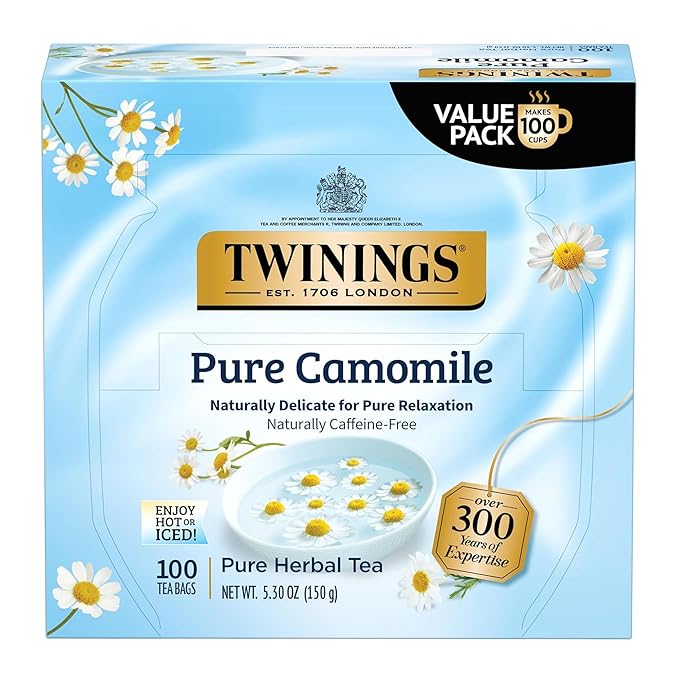 Twinings Pure Camomile Herbal Tea Individually Wrapped Bags, 100 Count (Pack of 1), Delicate for Pure Relaxation, Naturally Caffeine-Free, Enjoy Hot or Iced, 100 Teabags