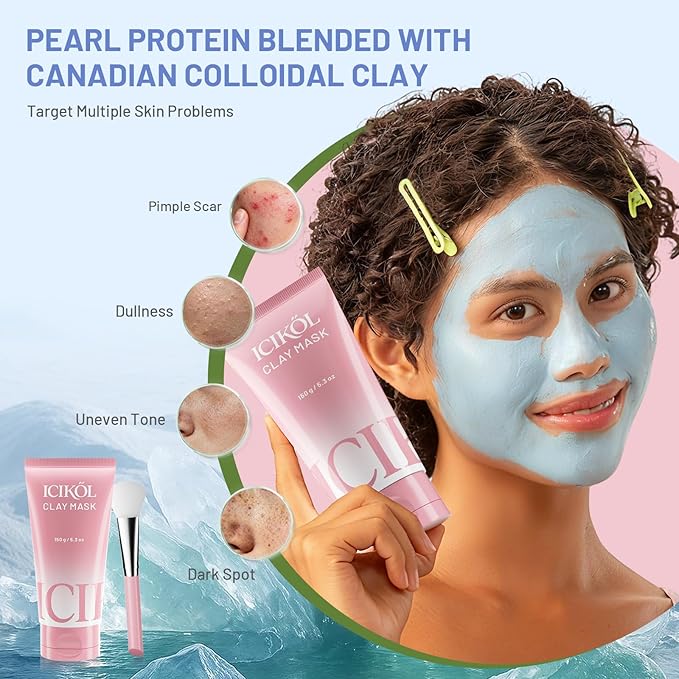 Large Pearl Radiance Clay Mask for Face - Mud Mask Enrich with 9x Peptides & Niacinamide for Glowing - Firming - Pore-Purifying - Glass Skin Care Gifts for Women Men with Brush, Blue, 5.3 oz