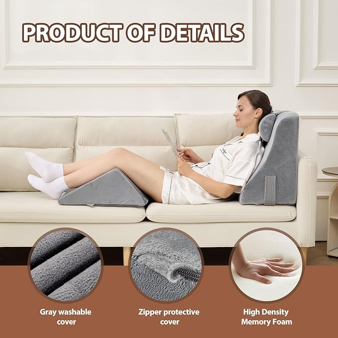 Reading Pillow for Sitting in Bed Adult, Back Pillow for Sitting Up in Bed with Arm Rest and Knee Rest, Suitable for Gaming,Watching TV on Floor, 19in 5Pcs, Grey