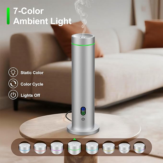 Waterless Diffuser, 1000 Sq.Ft Coverage, Essential Oil Diffuser with Tilt-Safe, Remote Control, Adjustable Mist Mode, Mood Lights Aromatherapy Diffuser for Home, Large Room, Office, Hotel, Silver