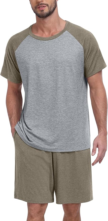 Mens Pajama Set Summer Pjs Sleepwear Lightweight Short Sleeve Pjs Soft Comfy Sleep Set With Pocket