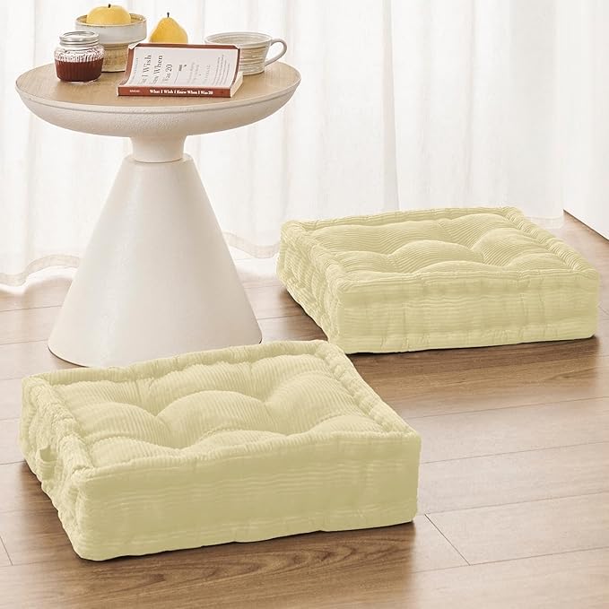 Square Floor Pillows for Adults Kids - Meditation Floor Pillow Seating Cushion - Tufted Floor Cushion with Shredded Foam & Velvet Cover, 1 Pack, 20x20 Inch, Beige