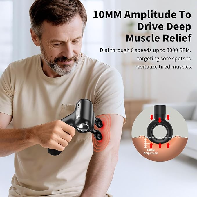 Dual-Head Massage Gun with Extension Handle, 3-in-1 Detachable Handheld Percussion Muscle Massager for Back Neck Shoulder Body Deep Tissue Pain Relief - 6 Speeds Levels (Black)