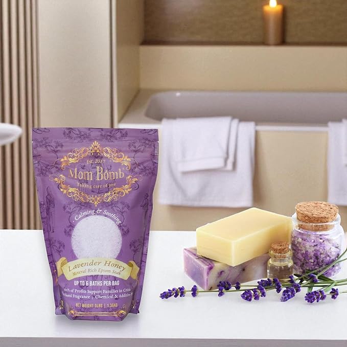 Mom Bomb Lavender Honey Epsom Salt Bath Soak – Natural Magnesium Salt with Essential Oils – Relaxing Aromatherapy for Stress Relief, Muscle & Foot Soak – Made in USA, 48 Ounce