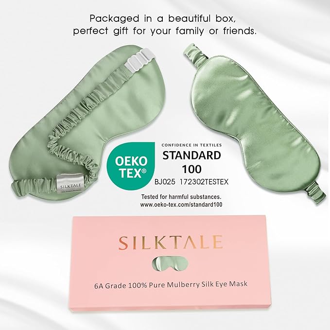 100% Mulberry Silk Eye Mask for Sleeping with Silk Wrapped Adjustable Strap,Sage Green