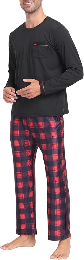 MoFiz Men's Pajamas Plaid Sets Sleepwear Sleep Long Sleeve Shirts and Pants Pajama Set Soft Mens Pjs Lounge Set with Pockets
