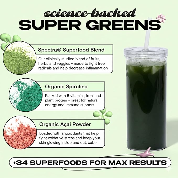 Kiala Nutrition Super Greens, Organic Greens Powder with Spirulina & Chlorella for Digestion, Gut Health, Immunity, Energy, Gluten Free, Vegan, Sugar Free, Spectra Blend, Miami Vice Flavor 30 Servings