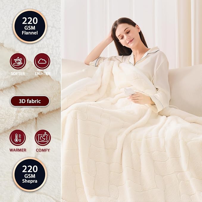 Heated Electric Blanket- Electric Throw Blanket 100"x90" for Bed- Heated Blanket with 5 Heating Levels& 4 Hours Auto Off for Home Office - Soft Faux Fur Heating Blanket for Full Body(Beige)