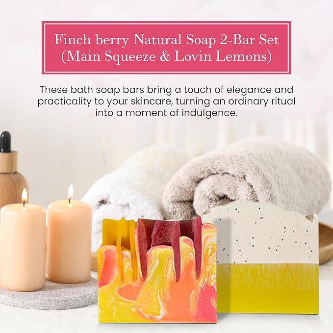 FinchBerry Natural Soap 2-Bar Set (Main Squeeze & Lovin Lemons) - Handmade, Vegan, Moisturizing, Cleansing Soap with Shea Butter, Olive & Coconut Oil to Hydrate & Soften Skin, Pack of 2 (4.5 oz each)