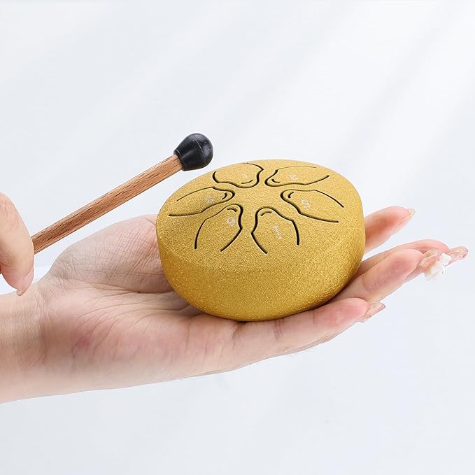 Facmogu 3 Inch 6 Notes Rain Drum for Outside Garden, Steel Tongue Drum Hand Drums with Bag Sticks Music Book, Mini Chakra Drum Musical Education Entertainment Gifts for Kids - Gold (Bowling Pattern)
