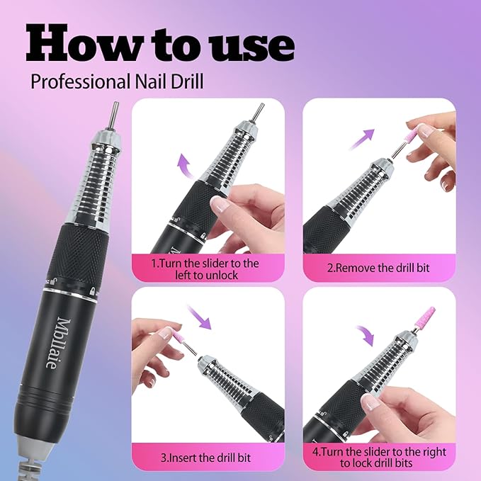 Professional Nail Drill File 45000RPM Electric Portable Nails Drills Kit with Rechargeable 7 uñas Bits Cordless Efile for Poly Gel Acrylic Nails Remover Home Salon Pedicure Manicure Tool (Black)