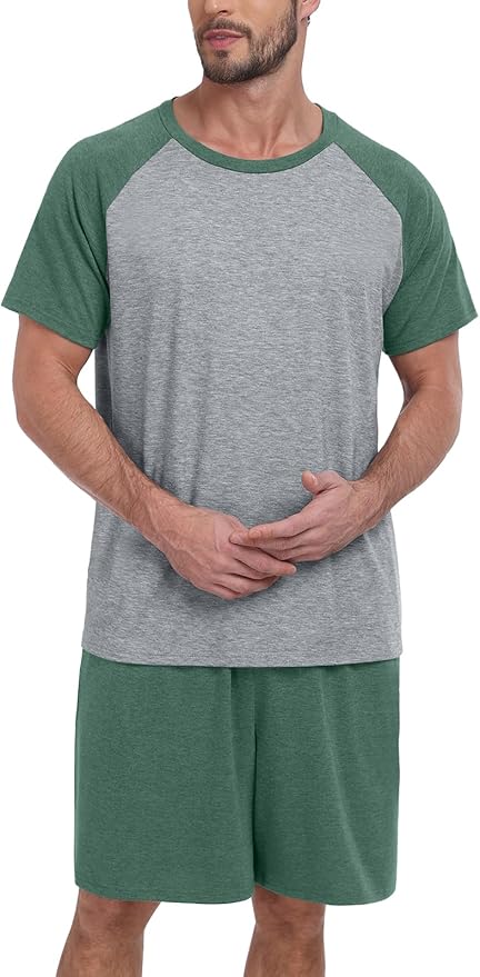 Mens Pajama Set Summer Pjs Sleepwear Lightweight Short Sleeve Pjs Soft Comfy Sleep Set With Pocket