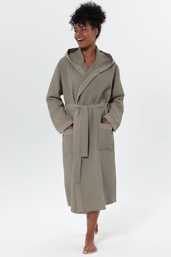 SEYANTE Women’s Luxury Waffle Shawl Collar, Hooded Robe w Piping – Lightweight, Long, Ultra Soft Spa Sleepwear Bathrobe